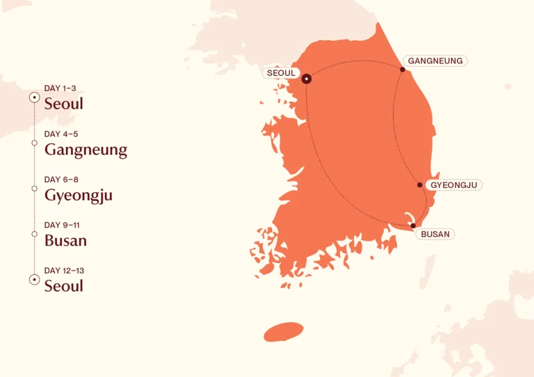 Map showing Korea by Rail itinerary route
