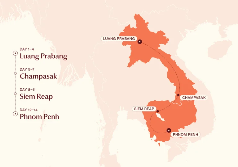 Map showing Laos & Cambodia Entwined itinerary route
