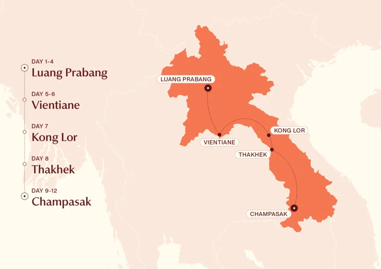 Map showing Laos along the Mekong itinerary route 