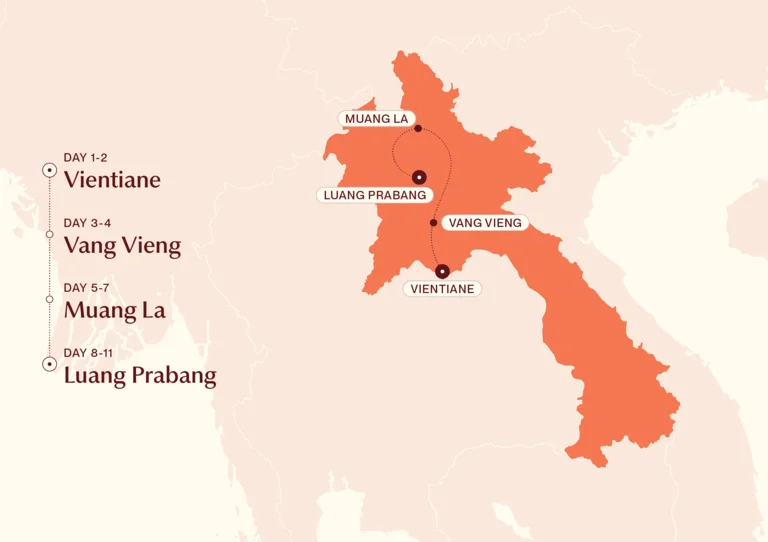 Map showing Laos by Rail itinerary route 