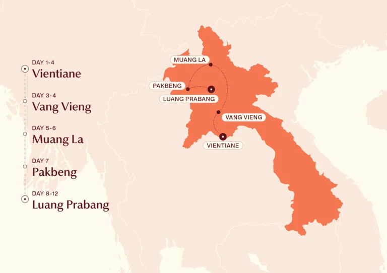 Map showing Luxurious Laos itinerary route 