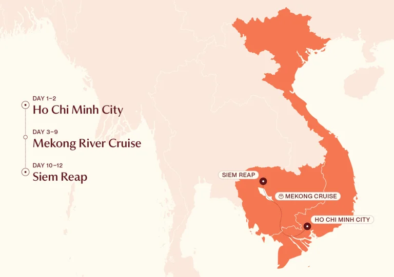 Map showing Mekong Explorer itinerary route 