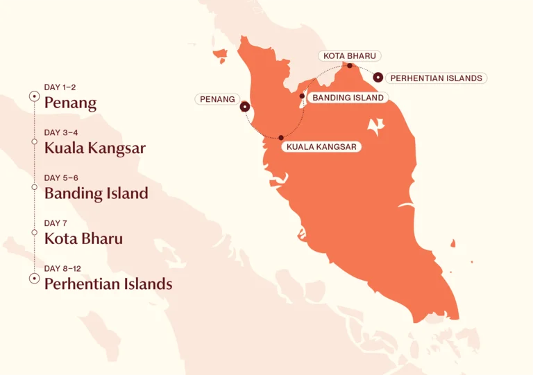 Map showing Northern Malaysia's Inlands & Islands itinerary route 