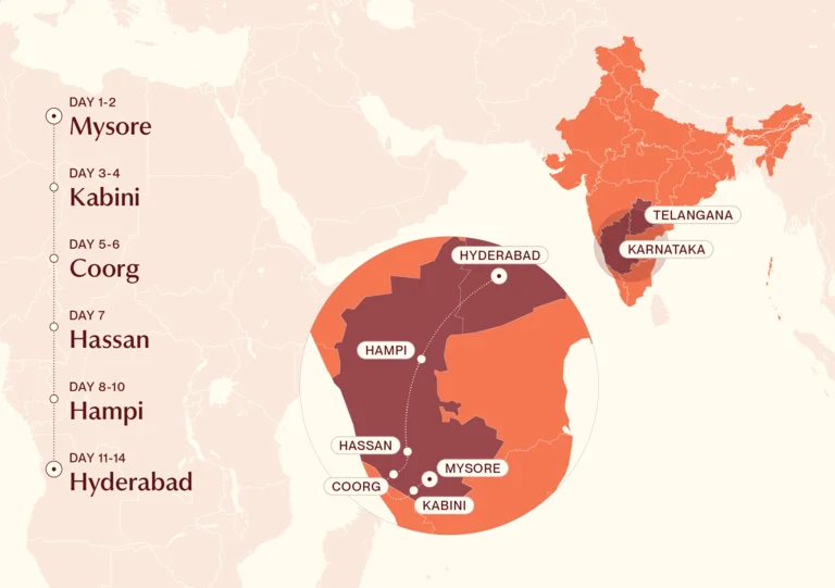 Map showing South India's Culture and Wildlife itinerary route