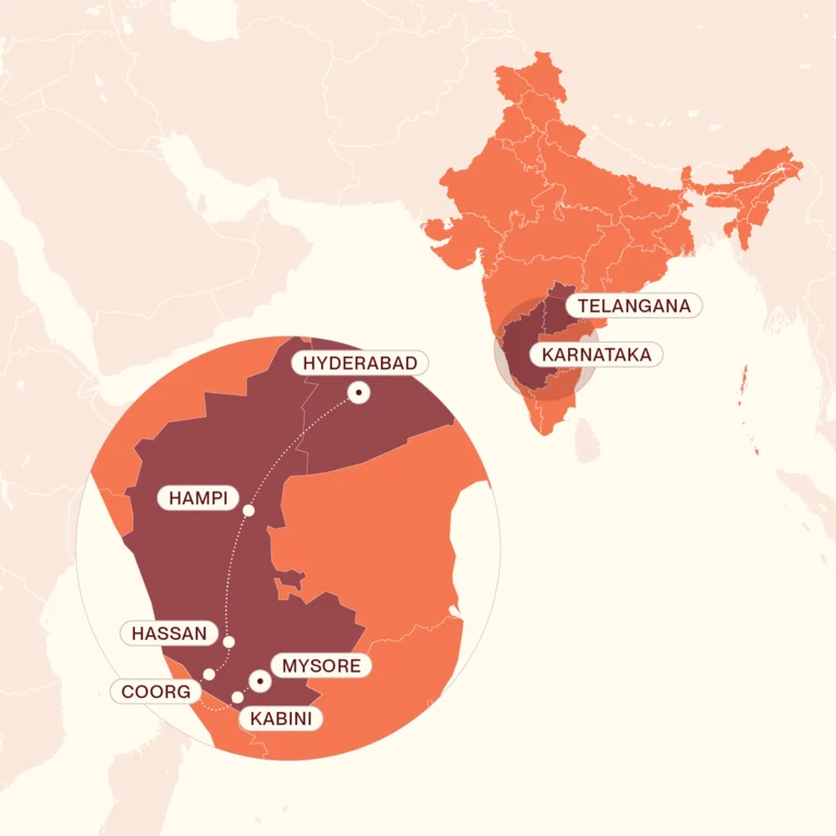 Map showing South India's Culture and Wildlife itinerary route