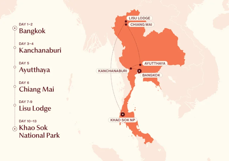 Map showing Thailand Family Adventure itinerary route