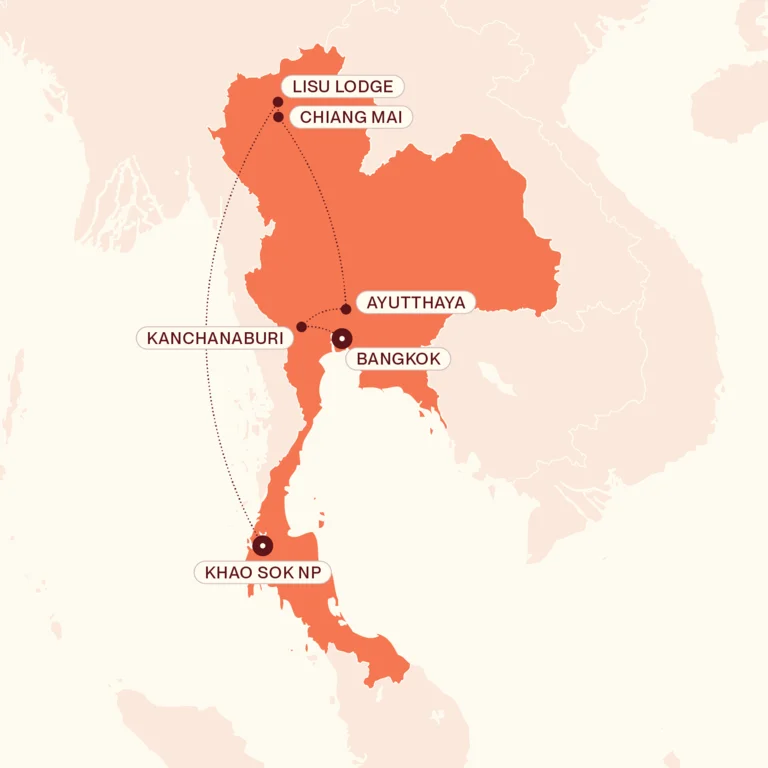 Map showing Thailand Family Adventure itinerary route