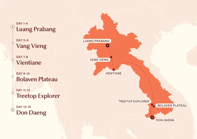 Map showing Treetops, Mountains and Elephants itinerary route 