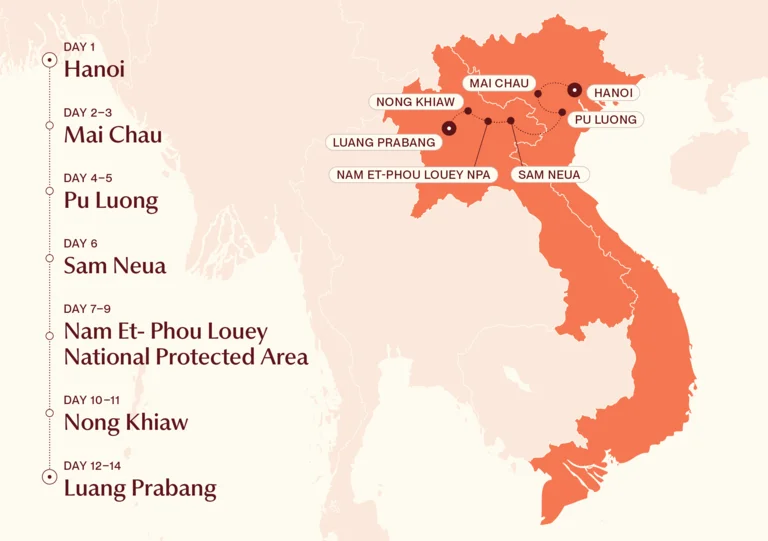 Map showing Trekking Northern Vietnam & Laos itinerary route 