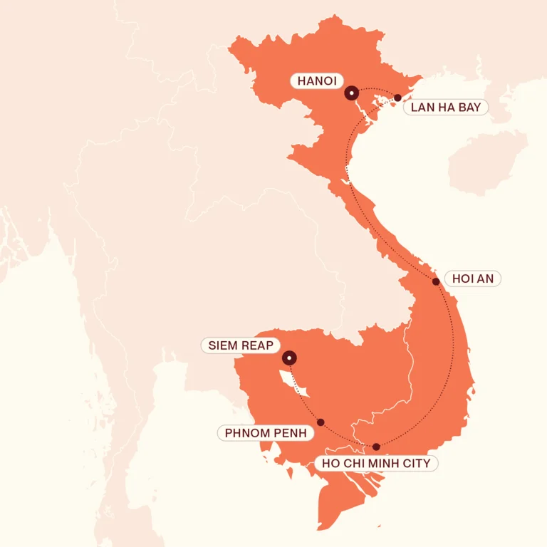 Map showing Vietnam & Cambodia Uncovered itinerary route 