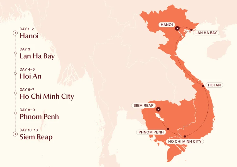 Map showing Vietnam & Cambodia Uncovered itinerary route 