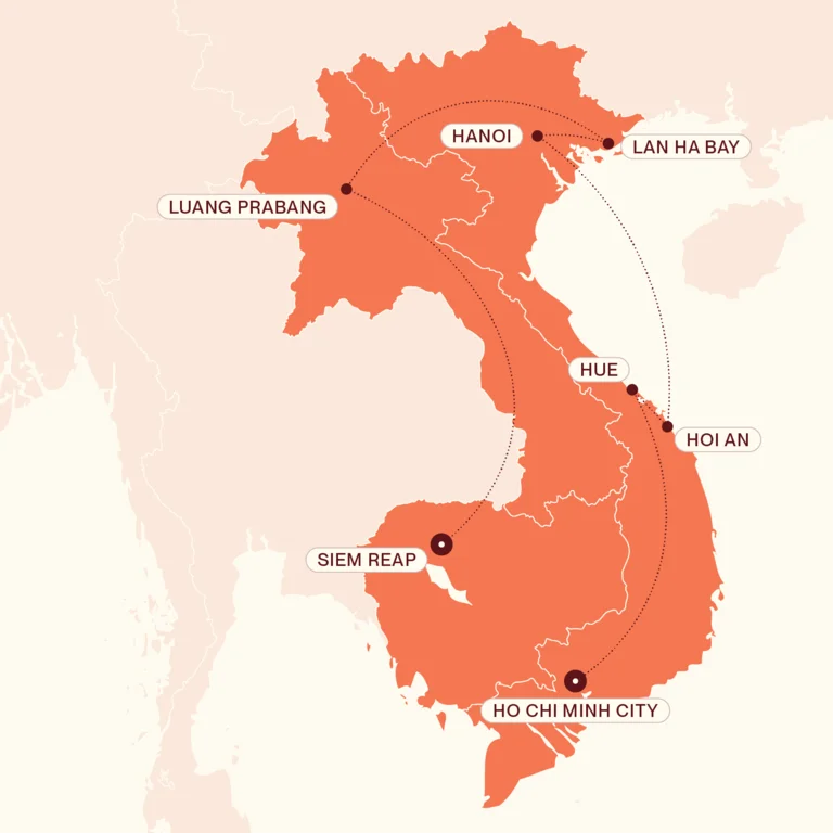 Map showing World Heritage Indochina itinerary route 