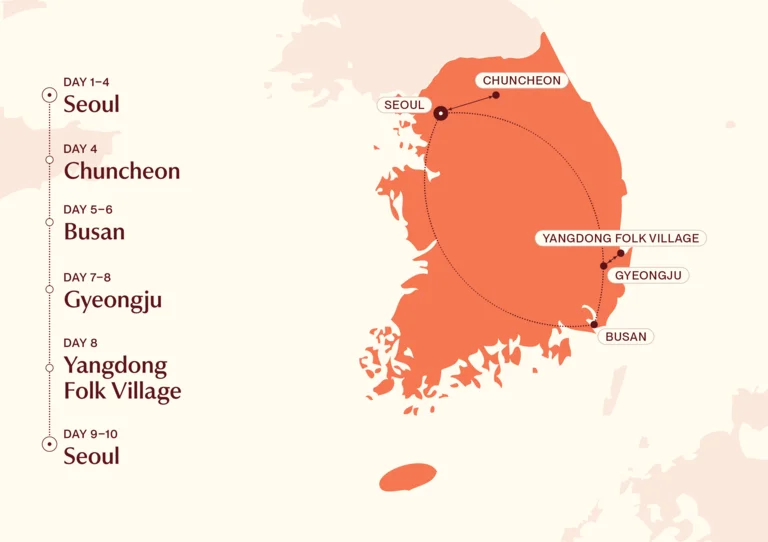 Map showing Soul of Korea itinerary route