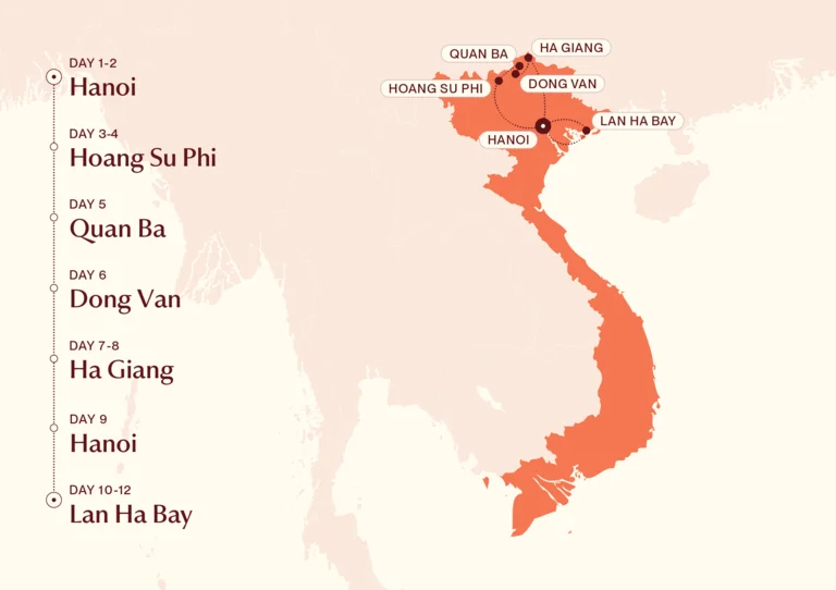 Map of Vietnam, showing itinerary route Hanoi - Hoang Su Phi - Quan Ba - Dong Van - Ha Giang - Lan Ha Bay