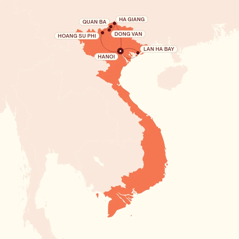 Map of Vietnam, showing itinerary route Hanoi - Hoang Su Phi - Quan Ba - Dong Van - Ha Giang - Lan Ha Bay