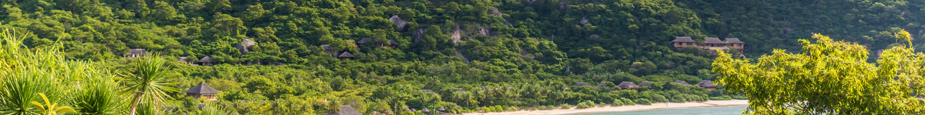 Aerial view of Ninh Van Bay, with a pier jutting out in the middle of the beach surrounded by lush mountains