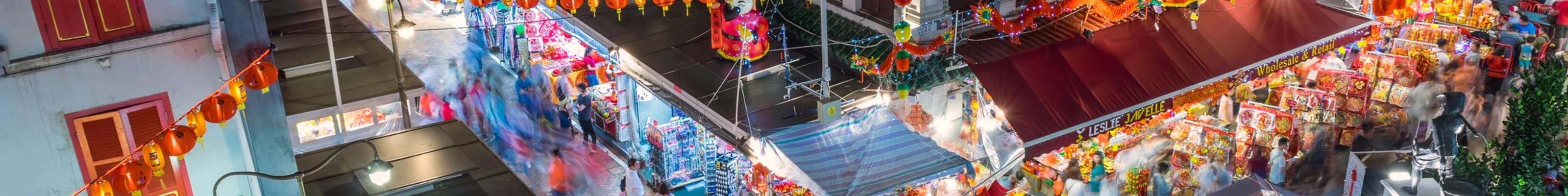 Aerial view of streets and shopfronts in Chinatown 