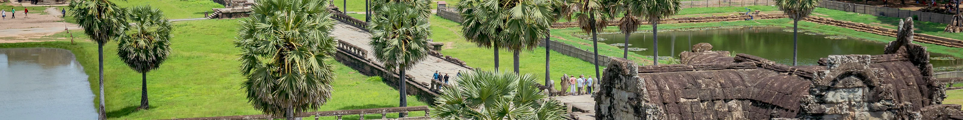 Tourists walk along palm trees in the temple complex of Angkor Wat