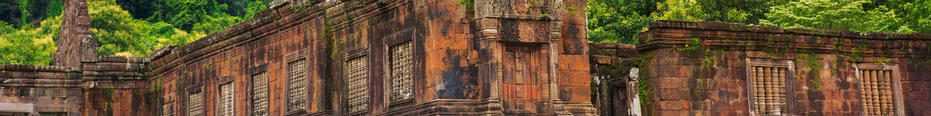 Wat Phou Temple near Champasak under a cloudy sky