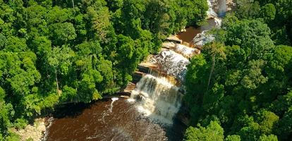 Aerial shot of waterfall and small brown lake surrounded by jungle in the Maliau Basin