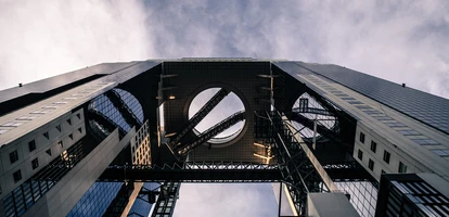 Looking directly up at Umeda Sky Building in Osaka