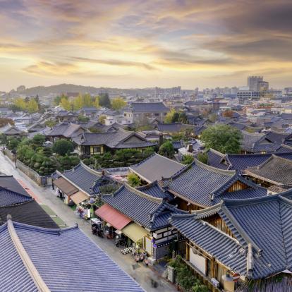 Sunrise over the roofs of Hanok houses in Jeonju