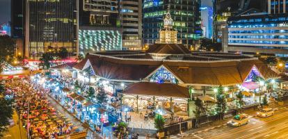 Busy scenes outside Hawker Centre in central Singapore