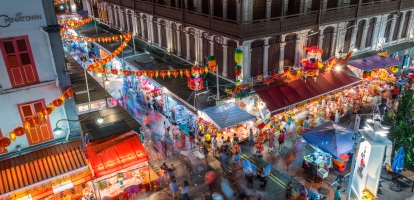 Aerial view of streets and shopfronts in Chinatown