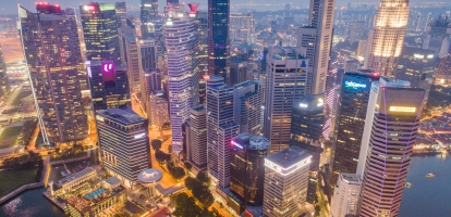 Aerial view of Singapore skyscrapers in haze