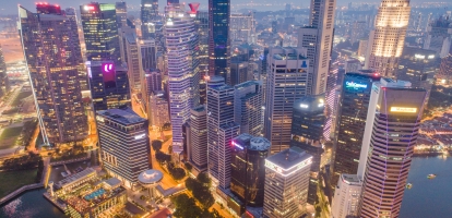 Aerial view of Singapore skyscrapers in haze