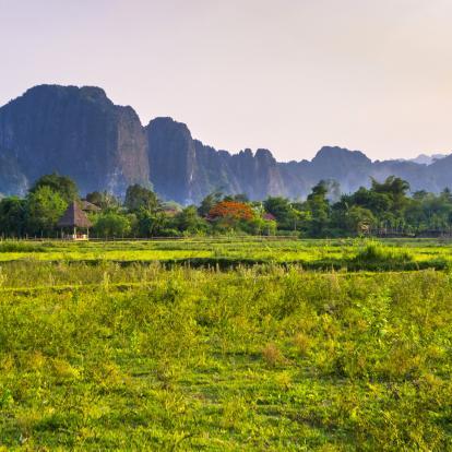 Countryside around Vang Vieng with karst mountains in the background