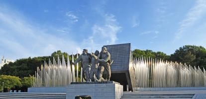 Three statues of men commemorate the democratic movement in May 18 Memorial Park in Gwangju, South Korea