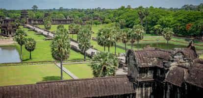 Tourists walk along palm trees in the temple complex of Angkor Wat