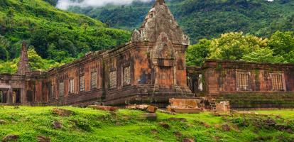 Wat Phou Temple near Champasak under a cloudy sky