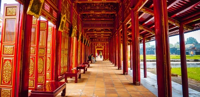 Bright colours in a hallway of the imperial Forbidden Citadel in Hue, Vietnam