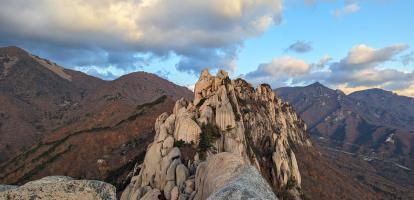 Morning light bathes the summit of one of the peaks in the hiking-friendly Seoraksan National Park in South Korea