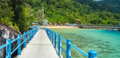 Concrete walkway with blue handrails along Tioman island's beautiful jungle backdrop