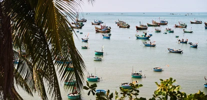 Coconut boats in the sea in Vietnam