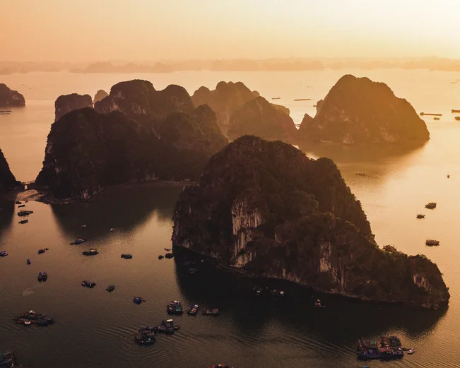 Aerial view of Halong Bay at sunset