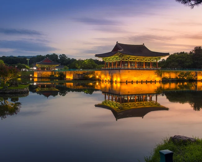 Anapji Pond and Observatory illuminated at night. 