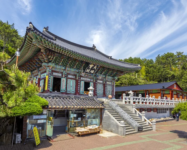 Front view of Haedong Yonggungsa Temple in Busan on a sunny day 