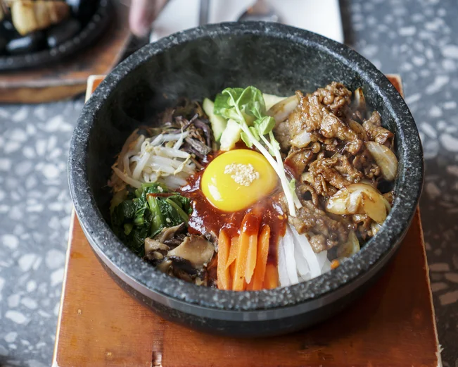 Bowl of vegetables, meat and egg 