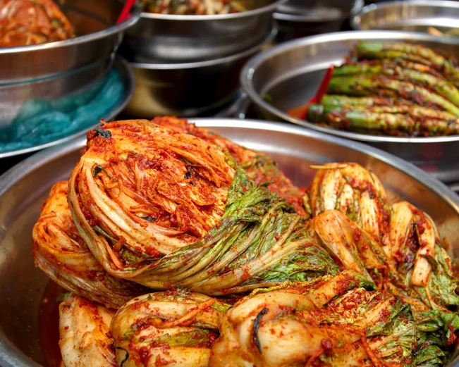 Spicy Korean cabbage in a stainless steel bowl 