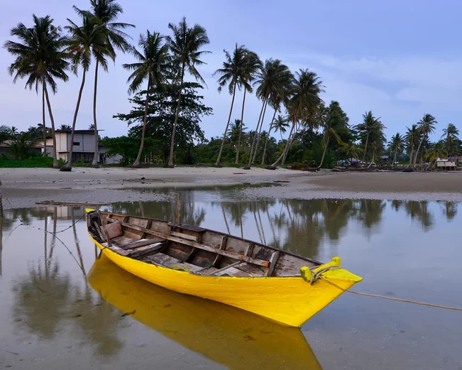 Yellow boat in front of palm trees at Bintan Island 