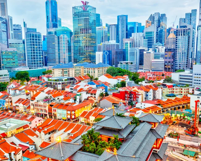 Aerial view of Chinatown with skyscrapers in the background