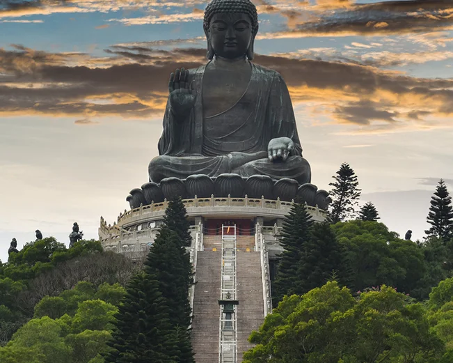 Big Buddha statue at top of steps on Lantau Island 
