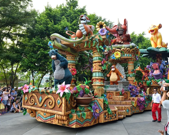 Float with Disney characters as part of parade at Disneyland 