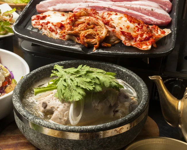 Meat cooking on griddle pan for Korean BBQ