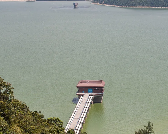 Looking down on jetty into reservoir 