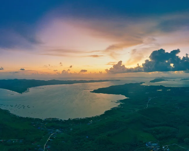 Aerial view of Ko Yao Noi island at sunset 